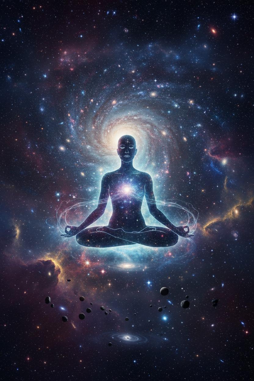 Create an image of the universe, with a stylised person sitting in the centre in a mediation pose.